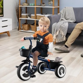 Triciclo infantil de 3 rodas com assento ajustável, cestos dianteiro e traseiro, estrutura em ferro, para 1,5 a 5 anos Azul