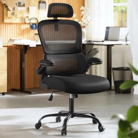 Cadeira ergonómica para escritório com tecido em rede e apoios de braços rebatíveis 64 x 71,5 x 116-135 cm Preto