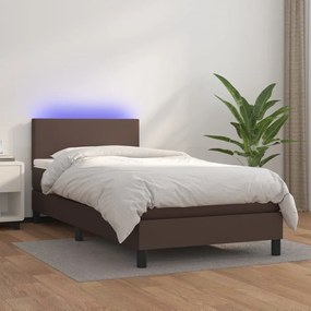 Cama box spring c/ colchão/LED 80x200 cm couro artif. castanho