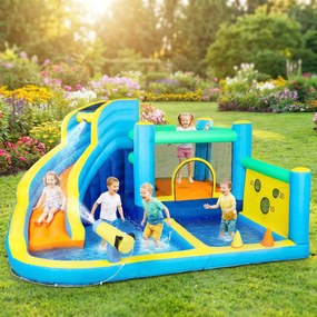 Castelo Insuflável Aquático 8 em 1 com Soprador 550W Escorrega Trampolim Escalada Piscinas Cesto Lançamento de Argolas