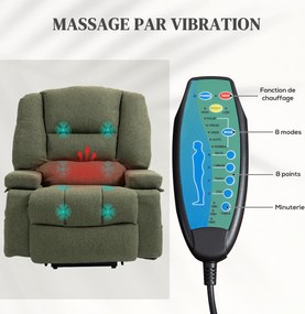 Poltrona elevatória elétrica com função de relaxamento, massagem e aquecimento, inclinação ajustável, apoio para os pés, comandos remotos, verde