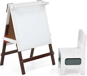 Cavalete infantil reversível 55 x 48 x 75-94 cm com cadeira ajustável com quadro negro e Quadro branco e Porta-papel Castanho