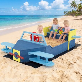 Caixa de areia infantil em madeira de abeto 166,5 x 140,5 x 50 cm, em forma de planador, com banco, assento, base aberta e forro inferior, para crianç