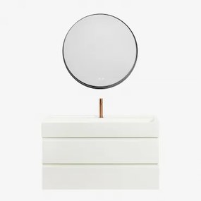 Conjunto De Móvel De Casa De Banho Suspenso Em Madeira E Folha De Freixo Com Lavatório Integrado Ona Branco & Redondo Led - Sklum