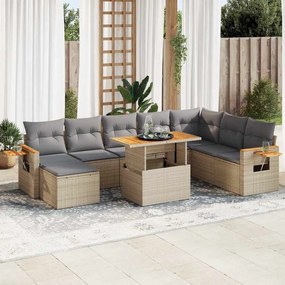 9 pcs conjunto sofás jardim com almofadões vime PE/acácia bege