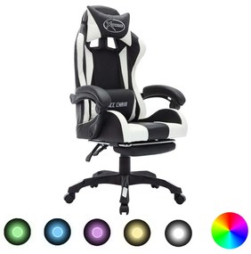 vidaXL Cadeira estilo corrida luzes LED RGB couro artif. branco/preto