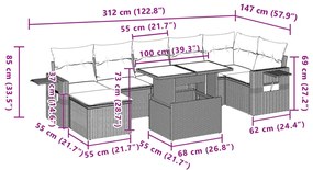 8 pcs conjunto sofás de jardim c/ almofadões vime PE cinzento