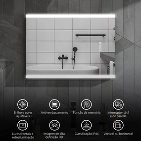 Espelho de Casa de Banho com Luz LED 70x50 cm 3 Cores de Luz Função Antiembaciamento Função de Memória IP44 Prata