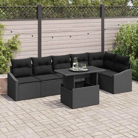 vidaXL Conjunto de Sofá de Jardim com 7 Peças e Almofadas Pretas em Rattan Sintético