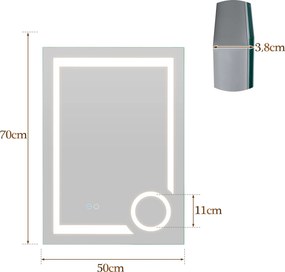 Espelho de Casa de Banho com Luz LED, 70 x 50 x 3,8 cm, Iluminação Regulável, Prateado