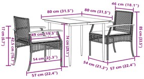 3 pcs conjunto de jantar p/ jardim com almofadões vime PE bege