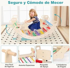 Brinquedo de trepar para crianças em madeira para interior 4 em 1 com arco de trepar, baloiço, túnel de gatinhar, encosto e assento lisos Multicolorid
