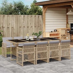 9 pcs conjunto de jantar p/ jardim com almofadões vime PE bege