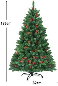 Árvore de Natal iluminada de 1,35 m com 516 ramos decorativos de pinhas e bagas vermelhas para casa, escritório, lojas e hotéis Verde