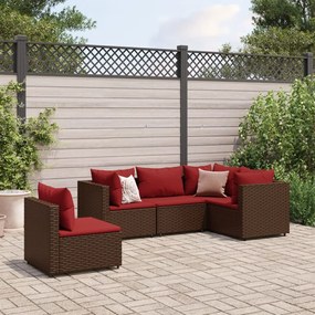 5 pcs conjunto lounge jardim c/ almofadões vime PE castanho