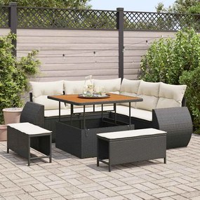 Conjunto de Sofás de Jardim vidaXL de 8 Peças com Almofadas Preto Vime Sintético Acacia