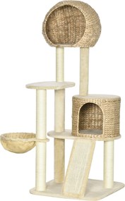 Arranhador  para gatos com arranhador de sisal natural, 2 nichos, plataforma, rede e peluche 60 x 60 x 150 cm, bege