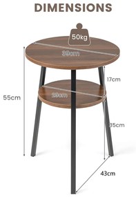 Mesa Lateral Redonda Mesa de Cabeceira de 2 Camadas com Prateleira Aberta Armação Triangular de Metal Retro Versátil para Sala de Estar de Quarto Nogueira