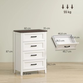 Cómoda 4 Gavetas Cómoda de Dormitório Estreita e Alta com Bancada com Efeito Madeira 60x35x87 cm Branco