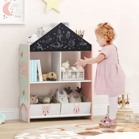 Estante em forma de casa para crianças Organizador de brinquedos em madeira com quadro branco 4 compartimentos 2 gavetas Rosa