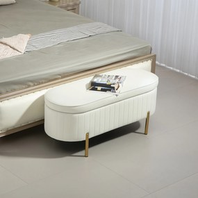 Banco de arrumação, pufe de veludo com tampa, pés de metal, capacidade de 72 L, 108 x 44 x 43,5 cm, creme