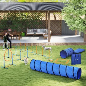 Conjunto de agilidade para cães com 11 peças, percurso de obstáculos com 2 túneis, saltos ajustáveis, laranja e azul