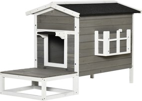 PawHut Casa para Gatos com Terraço e Telhado Impermeável 115x66,5x74,7 cm Cinza | Aosom Portugal
