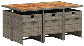 7 pcs conjunto de jantar p/ jardim c/ almofadões vime PE cinza