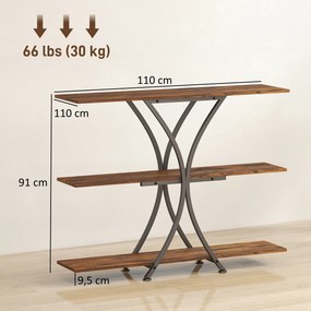 Mesa Consola de 3 Níveis Estilo Industrial com 2 Prateleiras Abertas e Estrutura Metálica em X Consola Estreita 110x30x91 cm Castanho Rústico