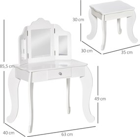 Toucador infantil com banquinho com espelho triplo e gaveta deslizante 63 x 40 x 85,5 cm - Branco acrílico