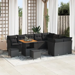 Conjunto de Sofá para Jardim vidaXL 12 Peças com Almofadas Preto Rattan Poliéster Acácia