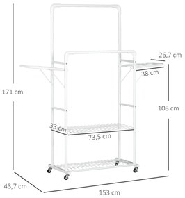 Guarda Roupa com Rodas com 2 Laterais Dobáveis 2 Trilhos e 2 Prateleiras de Armazenamento 153x43,7x171 cm Branco