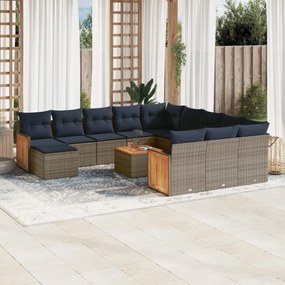 vidaXL 13 pcs conjunto sofás p/ jardim c/ almofadões vime PE cinzento