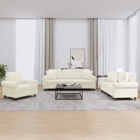 vidaXL 3 pcs conjunto de sofás com almofadas veludo cor creme