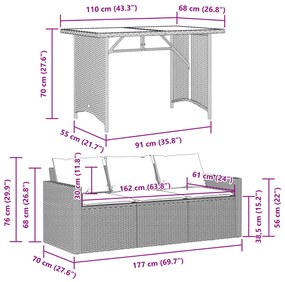 2 pcs conjunto de jantar p/ jardim c/ almofadões vime PE cinza