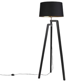 Candeeiro de pé tripé com abajur de algodão preto com dourado 50 cm - Puros Country / Rústico