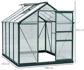 Outsunny Estufa de Jardim 2x2,5m de Policarbonato e Alumínio Estufa com Clarabóia Proteção UV 30 e Base 4,79 m² para Vasos Cultivos de Plantas e Flores Transparente
