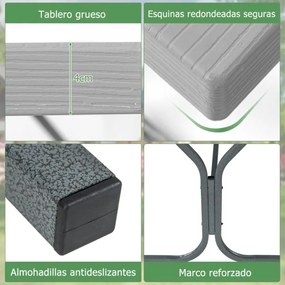 Conjunto jardim de 2 bancos e mesa para 8 pessoas com estrutura metálica Buraco para guarda-sol Cinzento