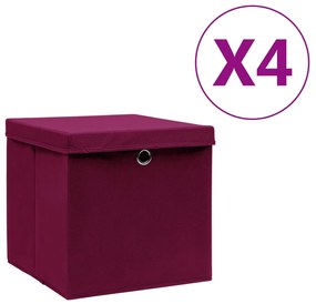 vidaXL Caixas de arrumação c/ tampas 4 pcs 28x28x28 cm vermelho-escuro