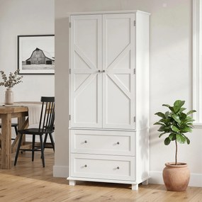 Armário alto de cozinha, armário de cozinha com 2 portas, 2 gavetas, 6 suportes para prateleiras, prateleiras ajustáveis, 80 x 39,5 x 184,5 cm, branco