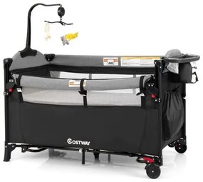 Cama de bebê conversível 5 em 1 com trocador e bolsa de armazenamento cinza