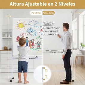 Quadro magnético 156 x 54 x 195/215 cm dupla face móvel com suporte ajustável e rodas bloqueáveis para escritório, casa e sala de aula Branco