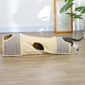 Túnel para gatos, brinquedo para gatos, com 2 compartimentos abertos em sisal, aberturas, para interior, 107 x 38 x 29 cm, bege