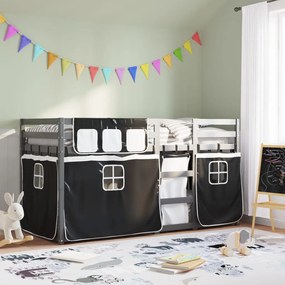 vidaXL Beliche com cortinas 90x200 cm pinho maciço branco e preto