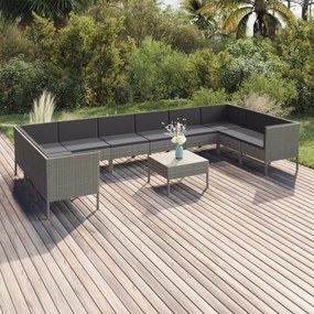 11 pcs conjunto lounge de jardim c/ almofadões vime PE cinzento