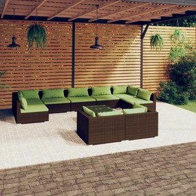 vidaXL 10 pcs conjunto lounge jardim c/ almofadões vime PE castanho