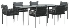 7 pcs conjunto de jantar p/ jardim c/ almofadões vime PE e aço