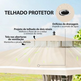 Pérgola de Jardim 370x303x290 cm com Telhado Duplo Cortinas Laterais e Mosquiteiras Resistente à Água e Anti-UV Bege