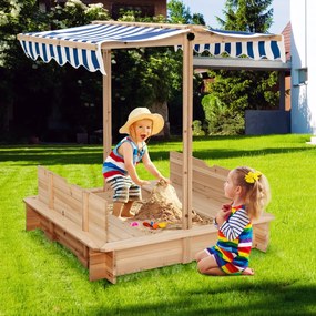 Caixa de Areia Parque para crianças ao ar livre  de madeira com 2 bancos convertíveis e telhado ajustável em altura sem fundo 110 x 107 x 121 cm