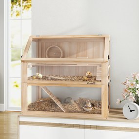 Gaiola para hamsters e roedores com 3 níveis, fundo removível 80 x 50 x 76 cm, casinha e Baloiço, 80x50x76 cm, acabamento em madeira natural
